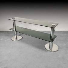 TAVOLO CONSOLE IN ACCAIO CROMATO E VETRO FUMÉ ANNI’ 70 VINTAGE MODERNARIATO