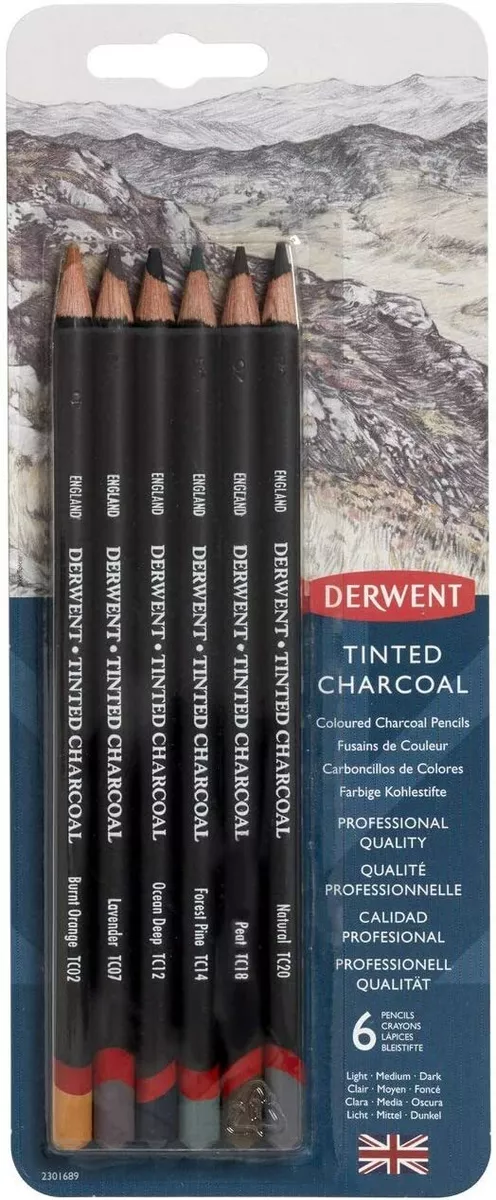 Derwent TINTED CHARCOAL COLOURED PENCILS Set of 6 Blister Pack 2301689 NEW!