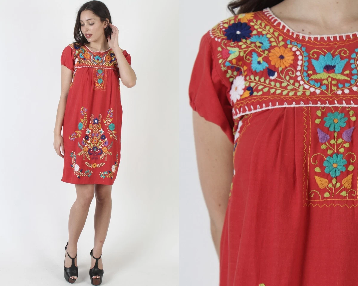 Authentic Womens Red Cotton Hand Embroidered Mexican Tourist Puebla Fiesta  Dress