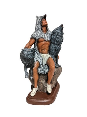 Vintage Provincial Mold Native American with Wolves Ceramic Statue Hand Painted 