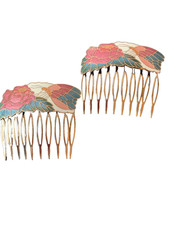 New Cloisonn Floral Enamel Gold Tone Decorative Hair Combs Set of 2