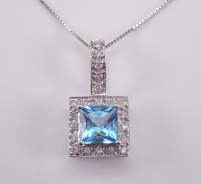 2.00Ct Princess Cut Lab-Created Blue Topaz Halo Pendant 925 Sterling Silver 18''