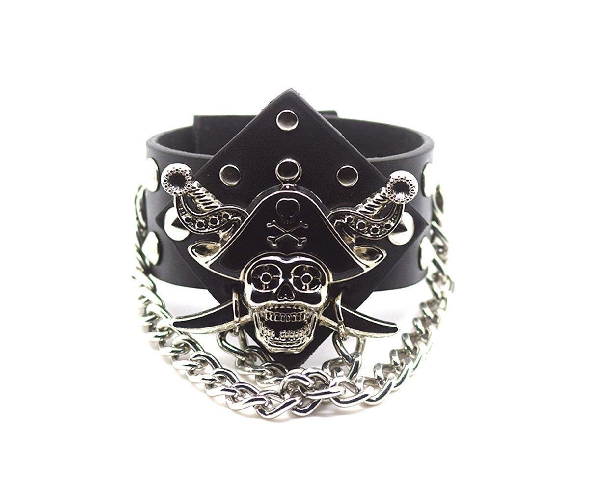 Pirate and Crossbones Black Leather Gothic Style Steampunk Bracelet Wristband