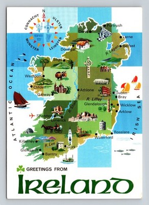 Vintage 1968 JOHN HINDE Map of Ireland Postcard - Greetings From Éire