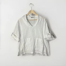 Linen Blouse Top Small Medium White Short Sleeve Boxy Oversized Lagenlook Cowl