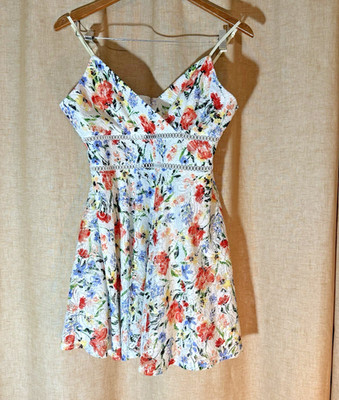 FRANCESCA'S Women's LARGE Colorful Floral Lace Empire Waist Cross Halter Flowy