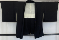 Japanese Vintage Kimono Haori Jacket Polyester Black Family crest Authentic 29in