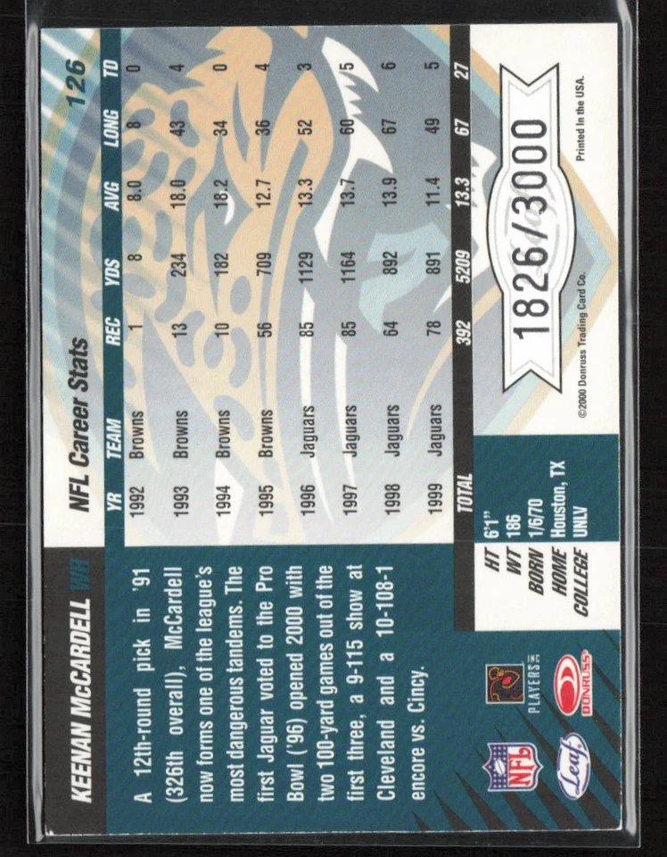 Keenan McCardell 2000 Leaf Limited #126 /3000 Jacksonville Jaguars - Image 2 of 2