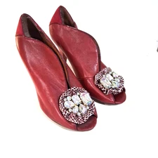 Poetic License Heels Size US 7 M Red Leather Peep Toe Bling Rhinestone Accent