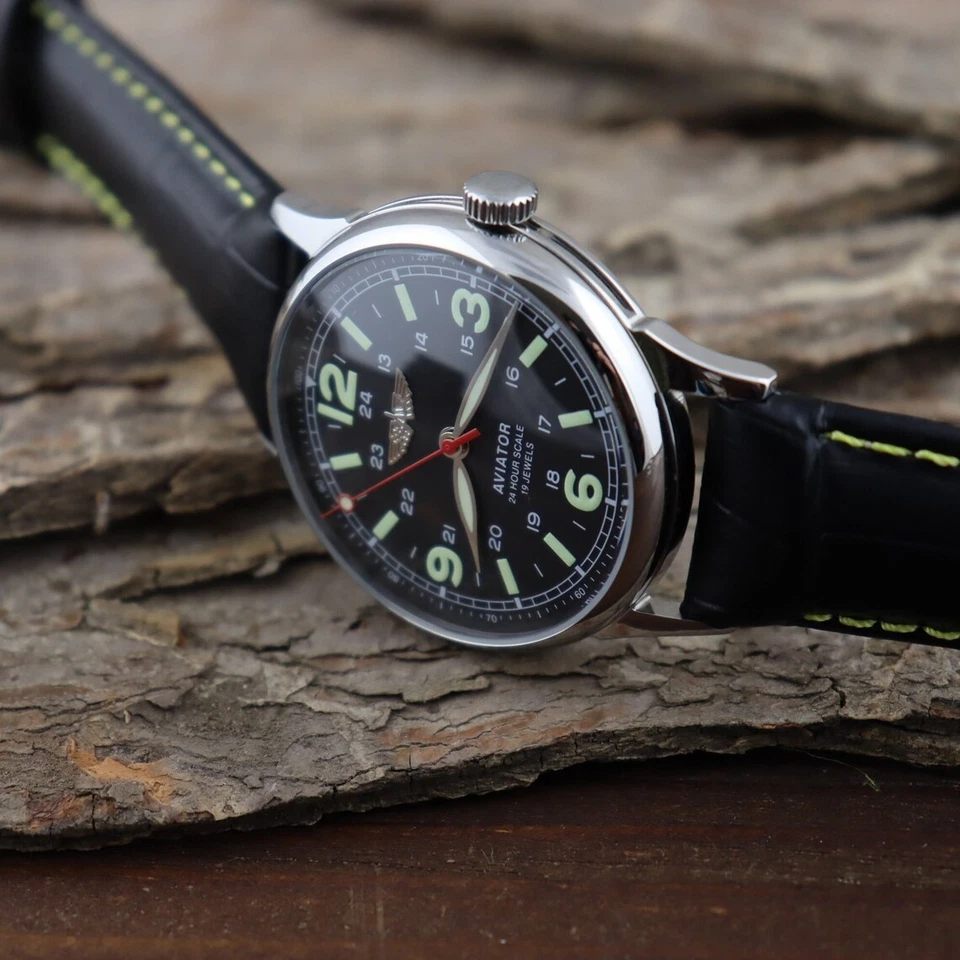 Reloj Mecánico Aviador 17 Joyas Esfera 24 Horas Manecillas Luminosas Nuevo Foto 4 de 4