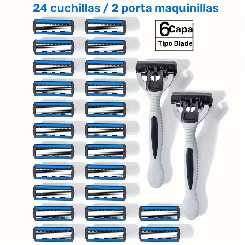 24 Stainless Steel 6 Blades Shaving Disposable Razors with 2 Handles for Men✅