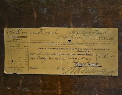 1886 1887 Utica Daily Herald Annual Subscription Receipt Utica, NY