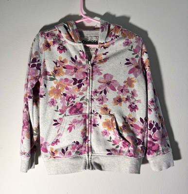 OshKosh B'gosh Girls 4T Floral Hooded Full Zip Hoodie Gray Pink Purple
