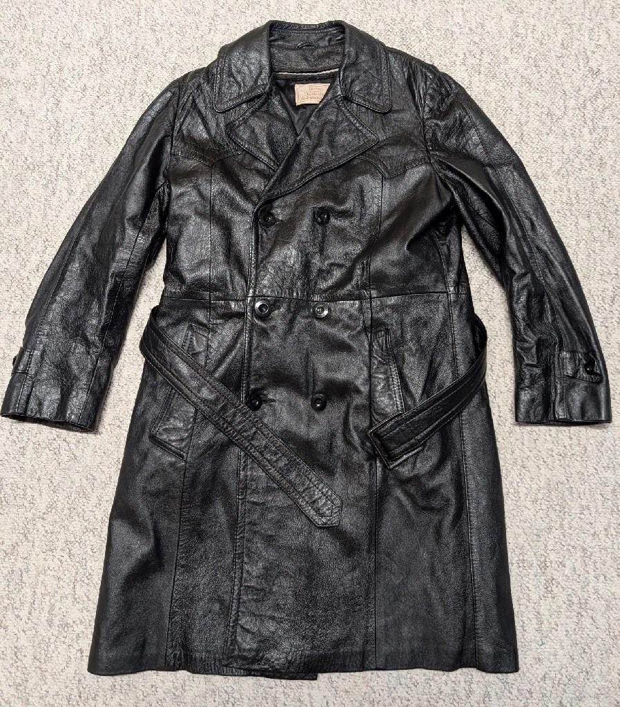 1970s vintage TRENCH COAT leather 38 double breasted BELTED black SHERLOCK image 1