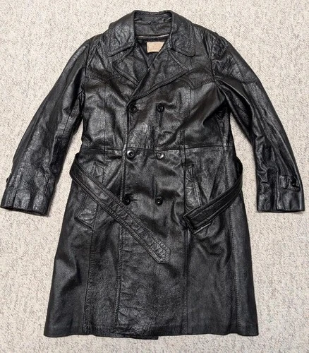 1970s vintage TRENCH COAT leather 38 double breasted BELTED black SHERLOCK - product listing photo