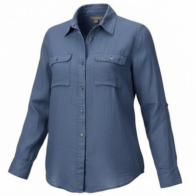 Tommy Bahama Women S Navy Blue 100% Linen Roll Tab Long Sleeve Button Down Shirt