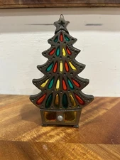 Vtg Cast Metal Christmas Tree Votive Candle Holder Stained Glass Mid Century