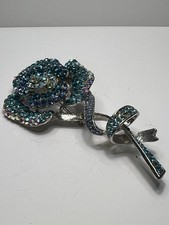 Rose Brooch Pin Blue Teal Rhinestones Crystal Silver Tone Flower Statement