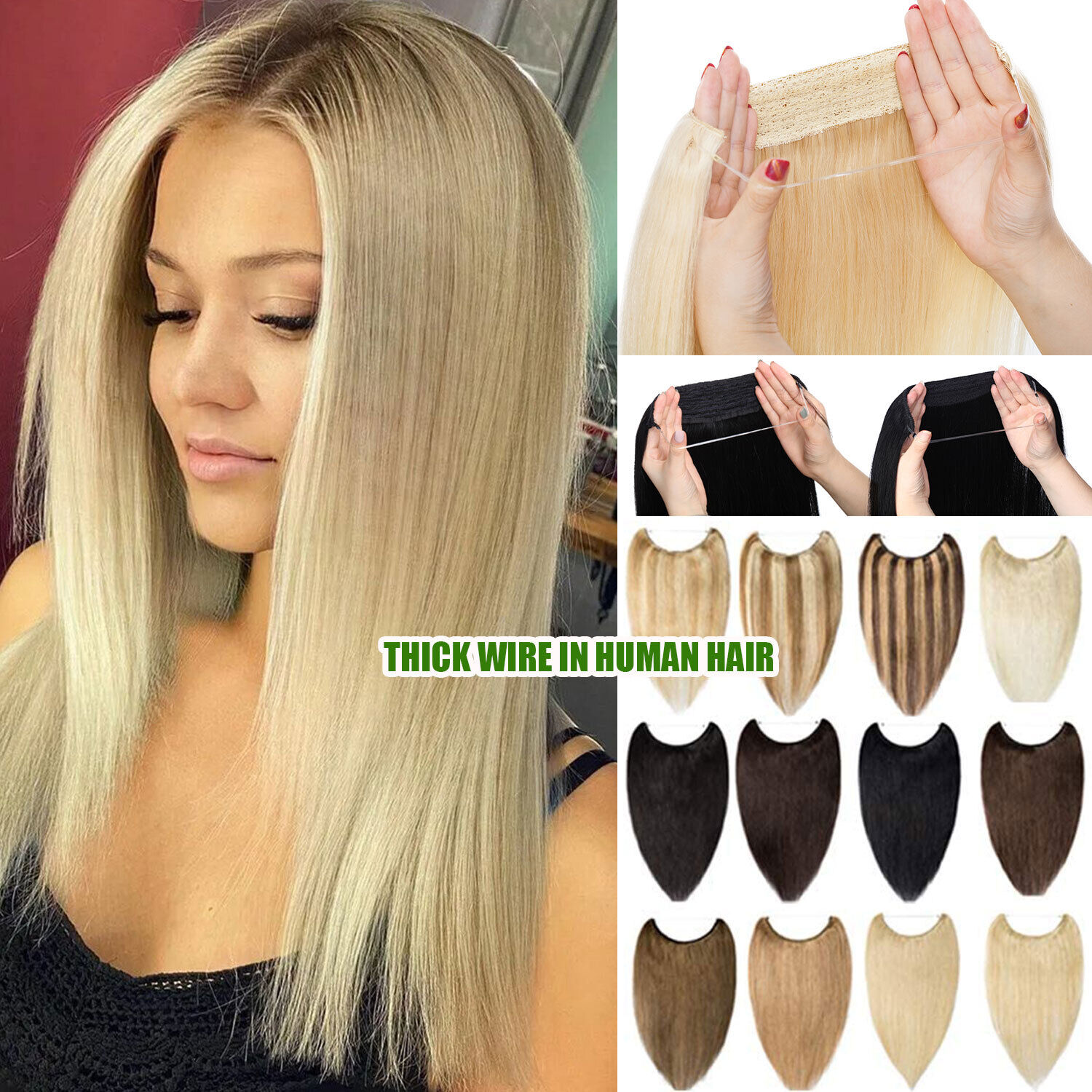 100% Remy Indian Human Hair Extensions Secret Wire In Headband One Piece # Blonde | eBay