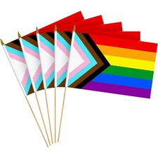 G128 24 Pack LGBT Progress Rainbow Pride Stick Flags 8x12 In Printed 150D Poly