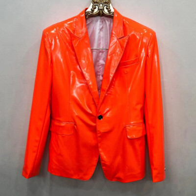 Herren Kunstleder Jacke Blazer Glänzend Nass Look Revers Mantel Punk Rock
