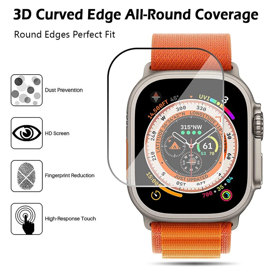 For Apple Watch Ultra/2/3 3D Tempered Glass Full Screen Protector iWatch 49mm - Image 2 of 4