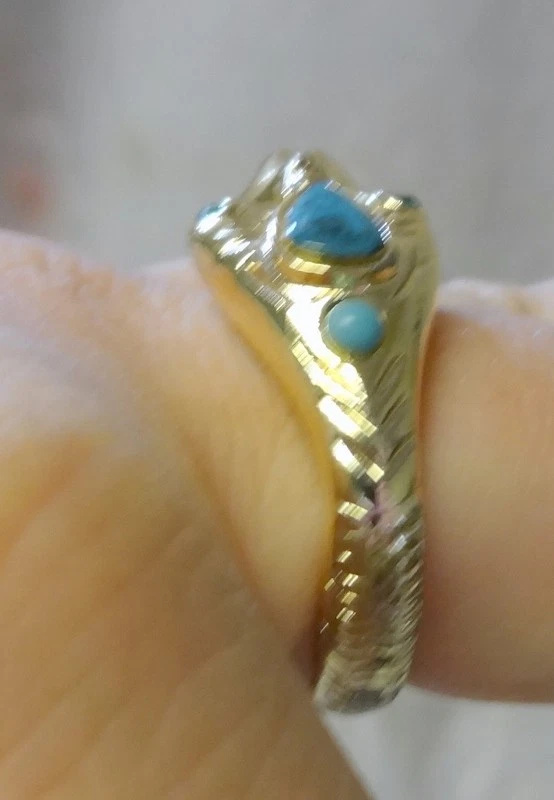 Anillo Egipcio Turquesa Simulado Serpiente Serpiente Envolvente Tono Dorado Años 60 De Colección Foto 3 de 4