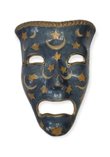 Brass Mask Joker FaceMoon & Star Engraving Painted Blue Gold Color Theatrical 
