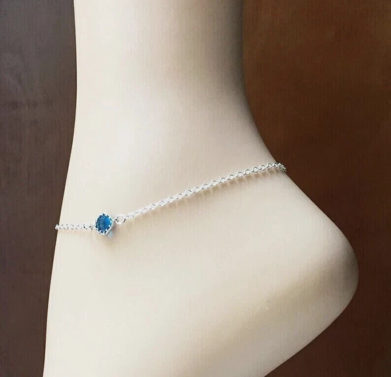 1Ct Round Blue Lab-Created Sapphire Anklet Cuban Rope 9 in 14K White Gold Plated - Image 2 of 4