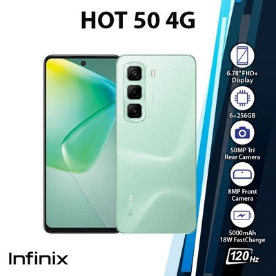 Infinix Hot 50 4G Android Cell Phone (Green/6GB+256GB/Dual SIM/Unlocked)