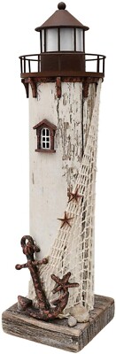Rustic Wooden LED Lighthouse Statue Decor Nautical Ocean Sea Beach Themed...