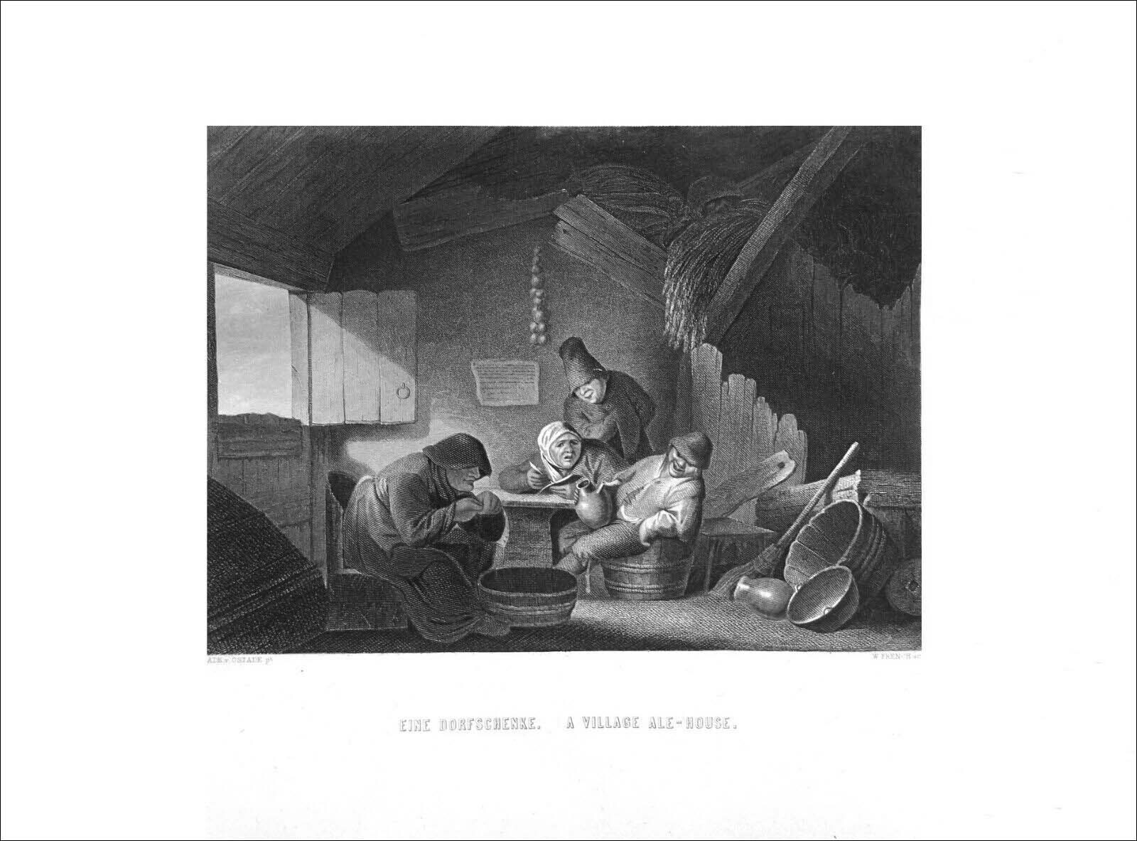 PASANTS in a BEER TAVERN (by Ostade) - 19th century large format engraving
