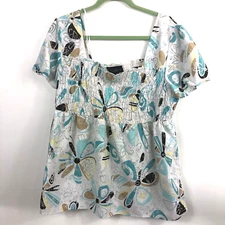Women's Venezia Multicolor Floral  Square Neck Elastic Short Sleeve Blouse 14/16