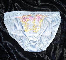 Vintage NWT Low Rise Blue Embroidered Roses String Bikini Nylon Panties-S/5