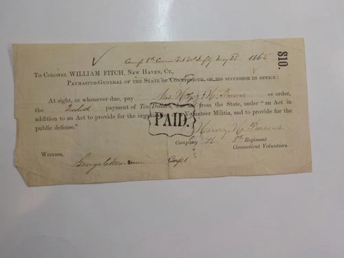 Civil War Document 1865 Woman 8th Connecticut Signature Paper Money Parsons VTG