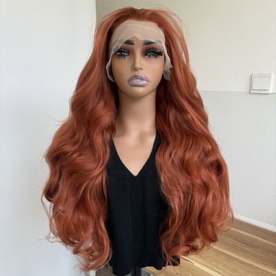 Kunsthaar Damen Long Wavy Kupferrot Mehrlagig Vorgezupfte Lace-Frontal-Perücken