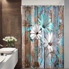 Farmhouse Flower Floral Shower Curtain, Rustic Teal Turquoise Daisy Shower