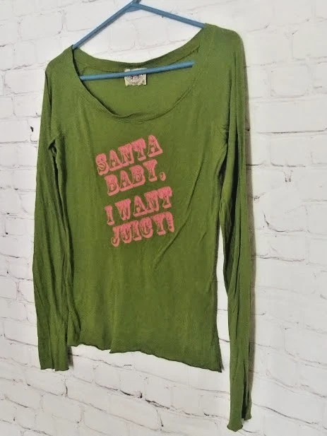 Juicy Couture Tee Y2K Green Graphic Long Sleeve SANTA BABY, I WANT JUICY M - Image 2 of 4