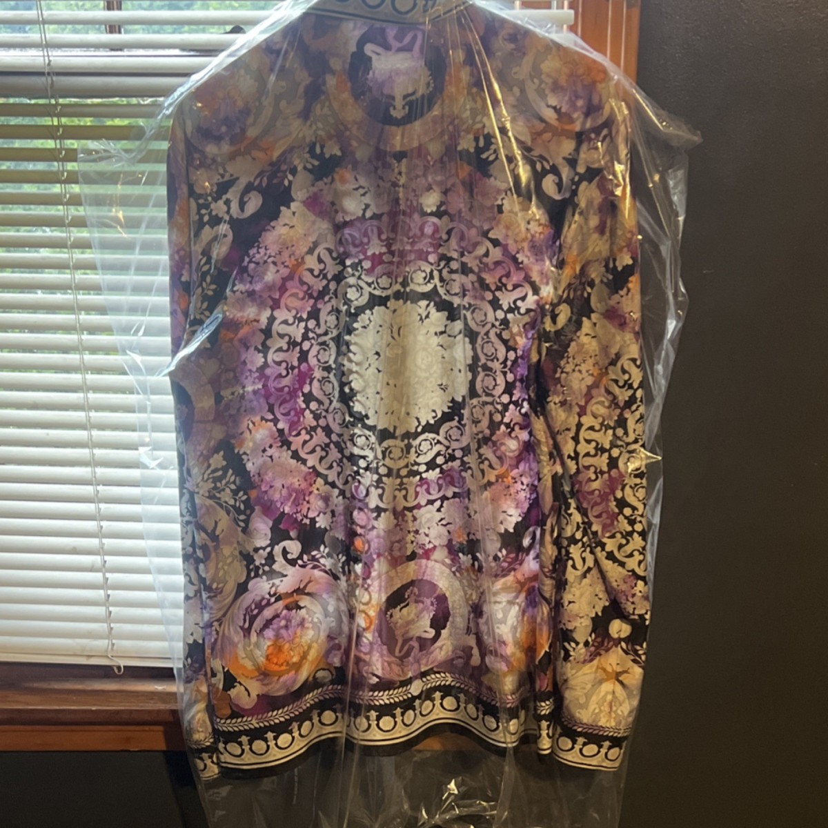 Versace Men's Baroque Purple Black Gold Long Sleeve Silk Shirt
