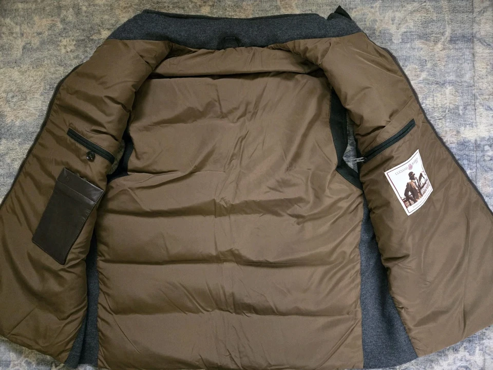 Chaleco de plumón de lana Luciano Barbera nuevo con etiquetas con cuero talla 54 (XL EE. UU.) gris/marrón Foto 4 de 4