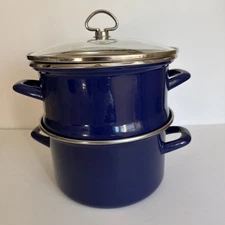 VTG 1980s Chantal Royal Blue Double Boiler w/Lid Steel Enamel West Germany