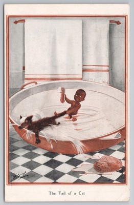 c1909 Comic PC Baby in Badewanne zieht schwarzen Katzenschwanz vom Künstler C. Hassall