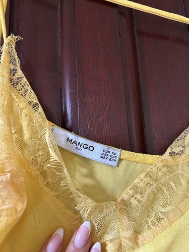 Women’s Lemon Yellow Silk Satin Lace Camisole Strappy Top Size XS Mango - Picture 3 of 4