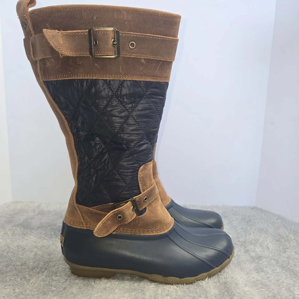 Sperry Saltwater Tall Quilted Duck Boots Women's 8M Navy Tan Mid Calf - Image 4 of 4