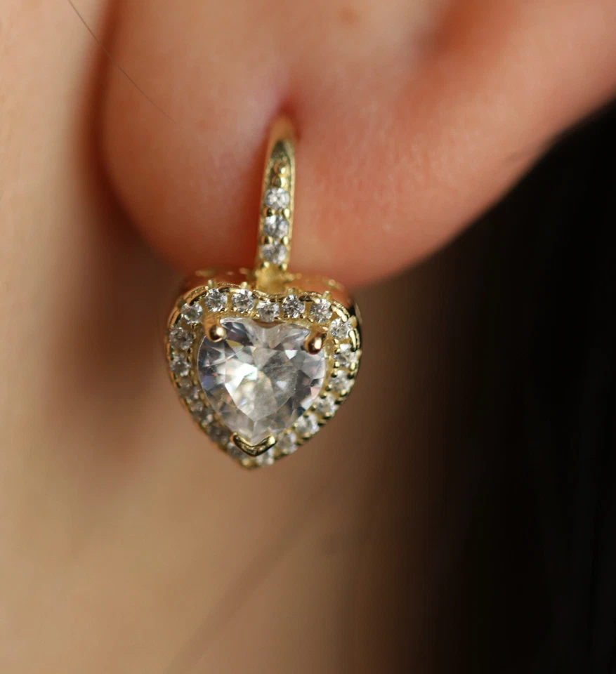 orecchini monachella argento 925 bagno oro giallo 18KT cuore brillante bianco - Immagine 2 di 4