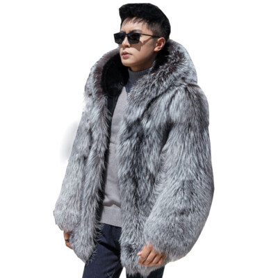 Winter Hooded Men Fox Fur Coat Short Zip Faux Fox Fur Overcoat Outwear Plus Size