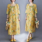 Women Linen Cotton Dress 3/4 Sleeve Ethnic Chinese Ethnic Cheongsam Qipao