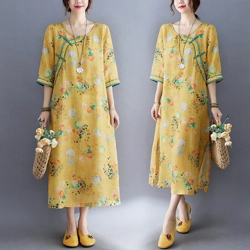 Women Linen Cotton Dress 3/4 Sleeve Ethnic Chinese Ethnic Cheongsam Qipao Retro - Picture 2 of 13