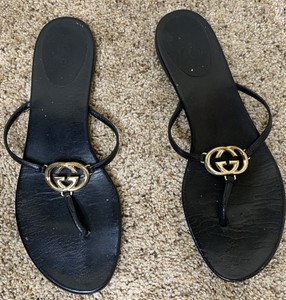 Gucci GG Gold Flip Flop Thong Sandals Size 38 US 8.5 Black Leather 39 AUTHENTIC | eBay