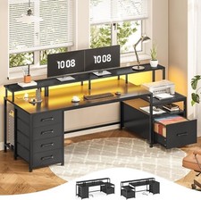Computer Desk with 5 Drawers & Storage Shelves, Home Office Deks with Led Lights